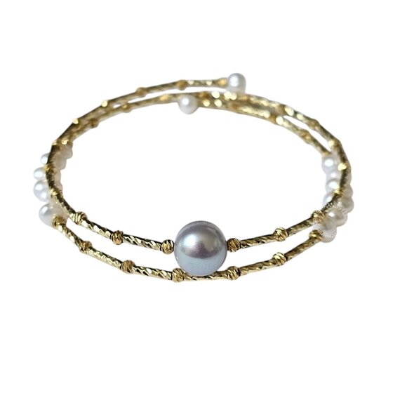 Genuine Handmade Gray Cultured Pearl Bracelet Flexible Bangle - Picture 1 of 9